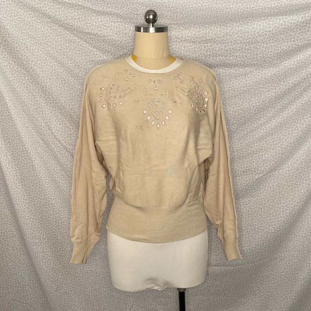 Cream Tan No Shoulder Long Sleeve Shirt Woven Oval Neckline Business Casual